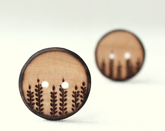 1" Wood Buttons,  Rustic Wooden Button, Hand Burned Pyrography, Leaf /Fern Motif -2pce