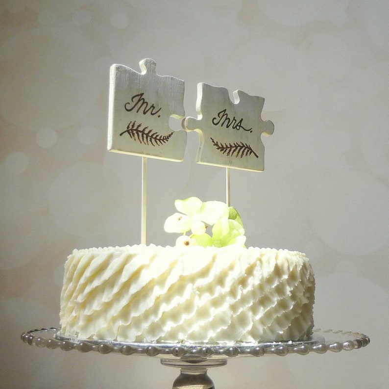 Mr and Mrs Topper, Puzzle Piece Cake Topper, Rustic Wedding Cake Topper, Mr Mrs Cake Topper image 1