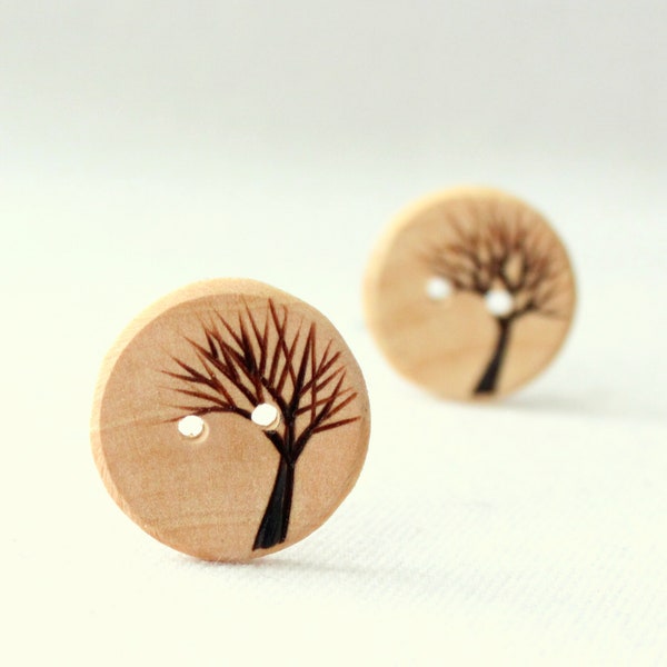 2 Wood Tree Buttons,  1 Inch Wooden Tree Button, Natural Hardwood, Rustic Wood Button Eco-Friendly