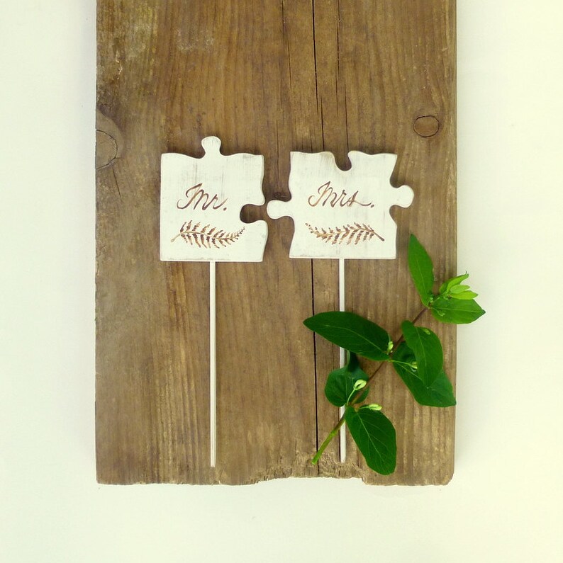 Mr and Mrs Topper, Puzzle Piece Cake Topper, Rustic Wedding Cake Topper, Mr Mrs Cake Topper image 3