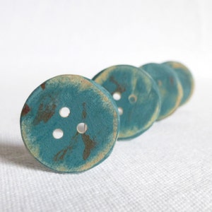 Three-holed Teal Buttons/ Turquoise Wood Button, Handmade Wooden Buttons, Set of Four 1"