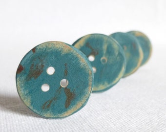 Teal Buttons/ Turquoise Wood Button, Handmade Wooden Buttons, Set of Four 1"