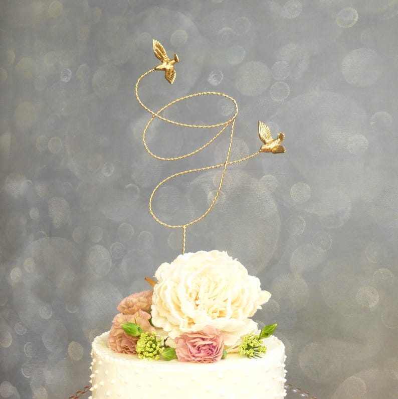 Gold Wedding Topper, Wire Cake Topper, Custom Initial Wire Wedding Cake Topper with Love Birds, Gold Cake Topper image 2