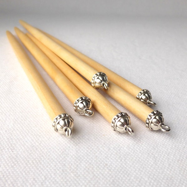 6 DIY Bead Yourself Hair Sticks, DIY Christmas Gifts for Mom/ Sister , Turned Wood Hairfork with Silver Sweater Pin, Wood Gift Idea