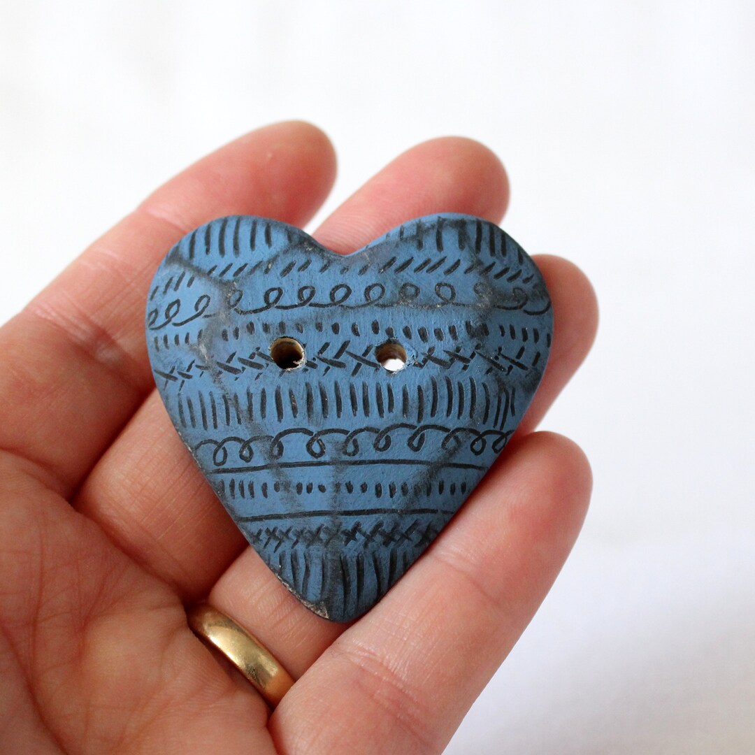Folk Button Large Hand-carved Folk Art Button, Wooden Heart, Sew Through Button 2 ...