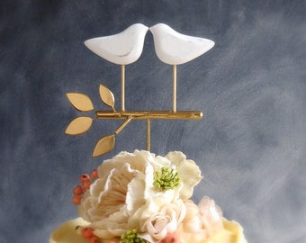 Gold and White Wedding Cake Topper, Bird Cake Topper/ Love Birds for Your Rustic Wedding/ Wedding Cake Topper Gold