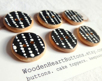 6 Small Wooden Buttons, 20mm, Black Wood Button Set, Hand Painted Buttons 6pce  3/4"