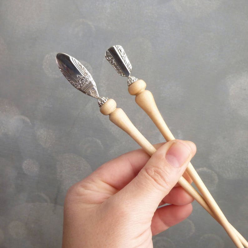 Hand Turned Hair Stick, Hair Fork with Vintage Silver, Maple Wood Hairstick, Wooden Hair Stick 1 pce 6.5'' Total Length image 3