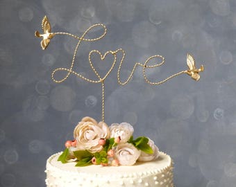 Gold Wire Topper, Wire Cake Topper with Love Birds/ Gold Love Birds, Cake Topper, Wedding Cake Topper Gold