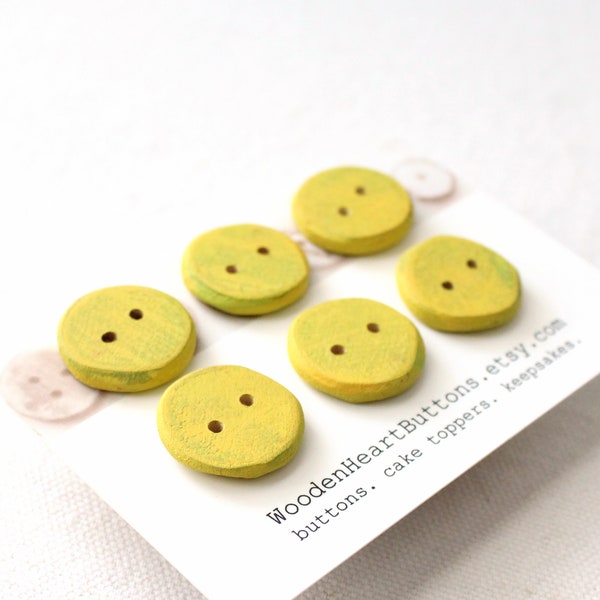 6 Chartreuse Buttons, Yellow Green Small Wooden Buttons, 20mm, Lime Yellow Wood Button Set, Handmade Buttons 6pce  3/4"