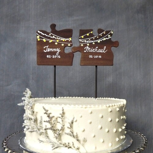 Wooden Wedding Cake Topper, Puzzle Pieces Topper, Mr/ Mrs Wedding Cake Topper, Fairy Lights Cake Topper