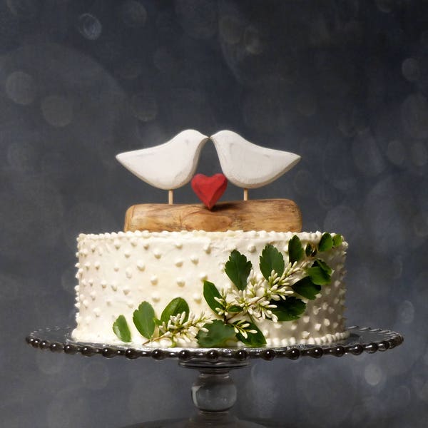 Heirloom Wooden Birds, Red Heart/ White Bird Cake Topper, Wood Cake Decorations, Heart Wedding Cake