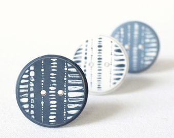 Set of 3, 38mm Large Wood Buttons, Dark Blue and Distressed, Light Blue and White Wooden Buttons  3pce  1.5"