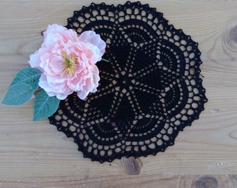 Black crochet doily 12" for table decor, crochet cotton lace doilies, crochet doily tablecloth, ready to ship doily for Christmas gift