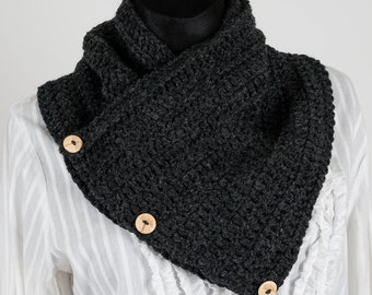 Charcoal gray Chunky Scarf wooden buttons Wrap Crochet Cowl Button Scarf Chunky Snood Boston Harbor Scarf neck warmer handmade scarf