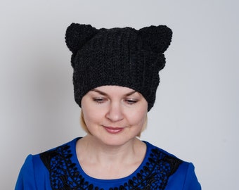 Bonnet oreilles de chat gris anthracite au crochet hiver automne cache-oreilles en grosse laine tricoté cache-tête femmes adolescents accessoires