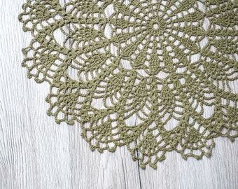 Sage green crochet linen doily for rustic table decoration. Round lace doilies. Table centerpiece doily 13.5". Handmade crocheted doilies.