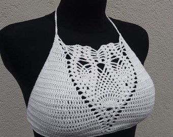 Haut de bikini, bikini d’été, licou en crochet blanc, Beachwear Top, haut en dentelle, haut de festival, bikini de fête sur la plage, haut de bikini au crochet, bikini