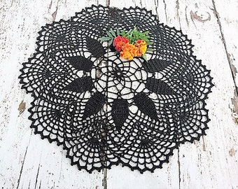 Black crochet doily: cotton doily, crocheted doilies 14, Halloween table decor, round lace tablecloths, Halloween crochet gift, home decor