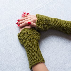 Fingerless moss green/crochet mittens gloves/ handmade arm warmers/ wrist warmers womens accessories ready to ship gift idea