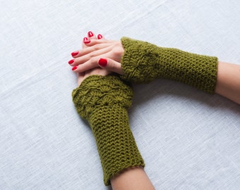 Fingerless moss green/crochet mittens gloves/ handmade arm warmers/ wrist warmers womens accessories ready to ship gift idea