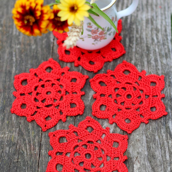 Red crochet small doily 3" size. Handmade small doilies for table decor. Christmas, Valentine's or Wedding table accent. Snowflakes doilies