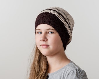 Crochet cream/brown striped beanie slouchy hat winter autumn ear warmer chunky wool knitted head warmer women girls teens accessories