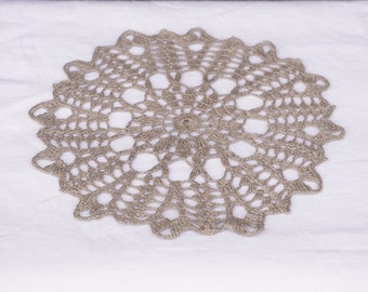 Natural linen crocheted doily 10". Linen handmade doily 25 cm. Crochet linen centerpiece. Round lace doilies. Farmhouse table decor.