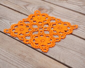Orange small crochet doily 4" size. Handmade square doilies for Thanksgiving table decor. Small Christmas gift. Snowflakes doilies.