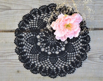 Black cotton crochet doily, round cloth doilies, table decor size 13, crocheted doilies, Halloween table decor, handmade lace doilies