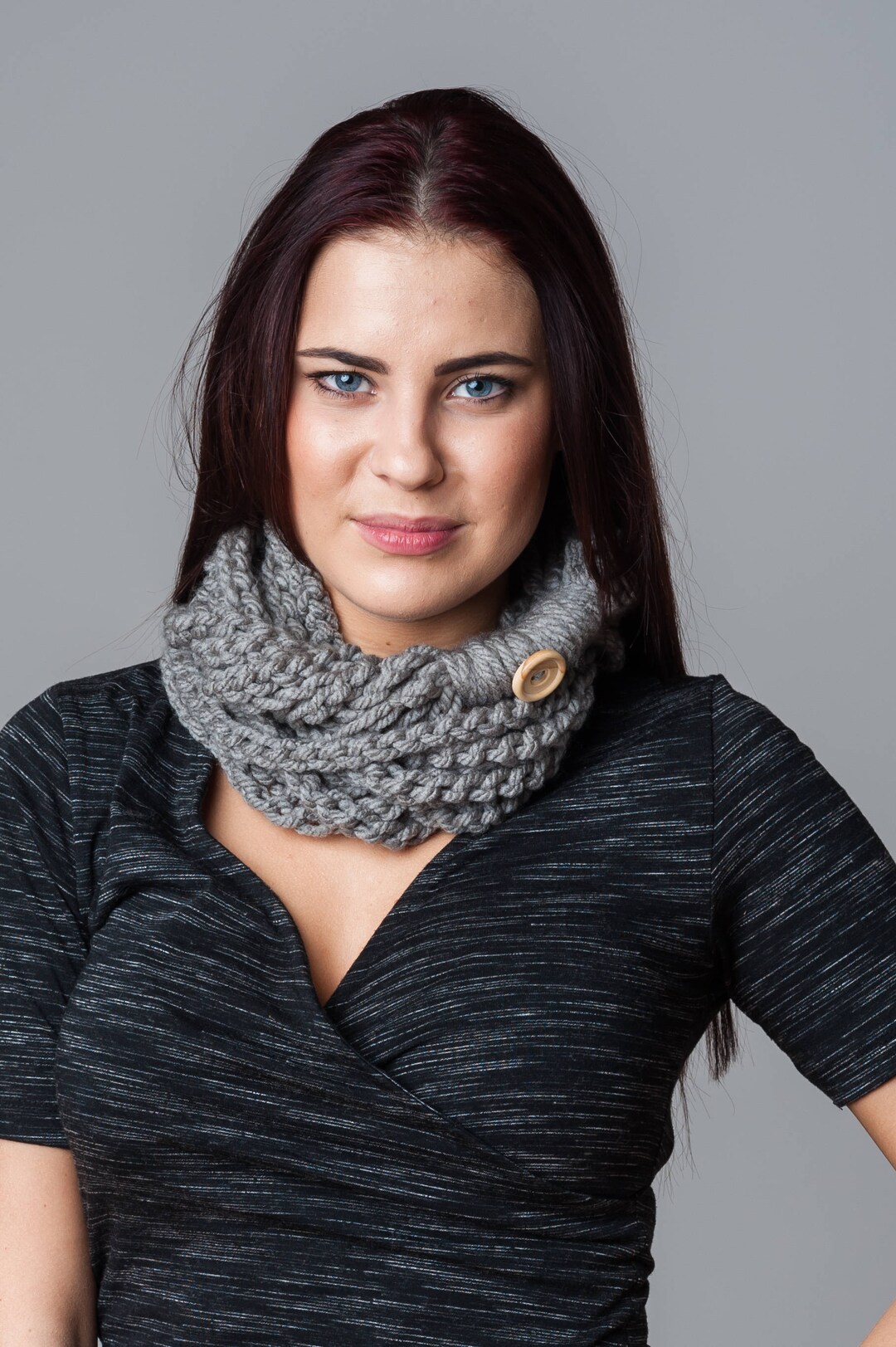 LARGE Crochet Cowl With Button Gray Infinity Scarf Chunky Cowl Neck ...