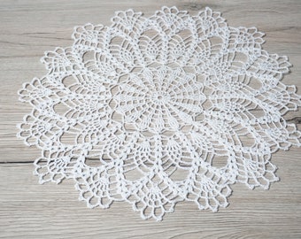 White crochet snowflake doily for rustic table decoration. Round lace doilies. Table centerpiece doily 13.5". Handmade crocheted doilies.