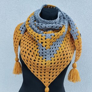 Crochet mustard gray triangle scarf, Crochet shawl with tassel, Crochet neck warmer, Women winter scarf, Large wrap scarf, Fringe scarf teen
