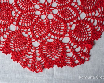 Red cotton doily crochet. Crocheted  doilies 16". Retro table centerpiece. Round lace tablecloths. Handmade Christmas doilies.