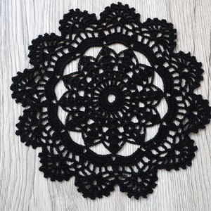 Small Black Crochet  Doily 7" -  Round Cotton Coaster for Tea or Coffee Cup - Black Lace Centerpiece