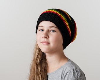 Rasta hat, slouchy hat, beanie hat, teen hat, black spring hat, adult hat, crochet spring hat, women's accessories, handmade hat, cap