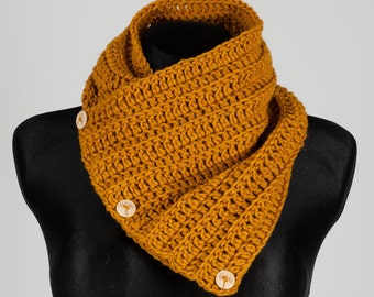 Mustard Chunky Scarf wooden buttons Wrap Crochet Cowl Knitted Scarf Button Scarf Chunky Snood Boston Harbor Scarf neck warmer handmade scarf