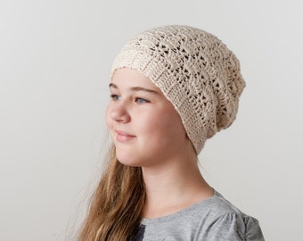 Crochet cream beanie slouchy hat winter autumn ear warmer chunky wool knitted head warmer women girls teens accessories