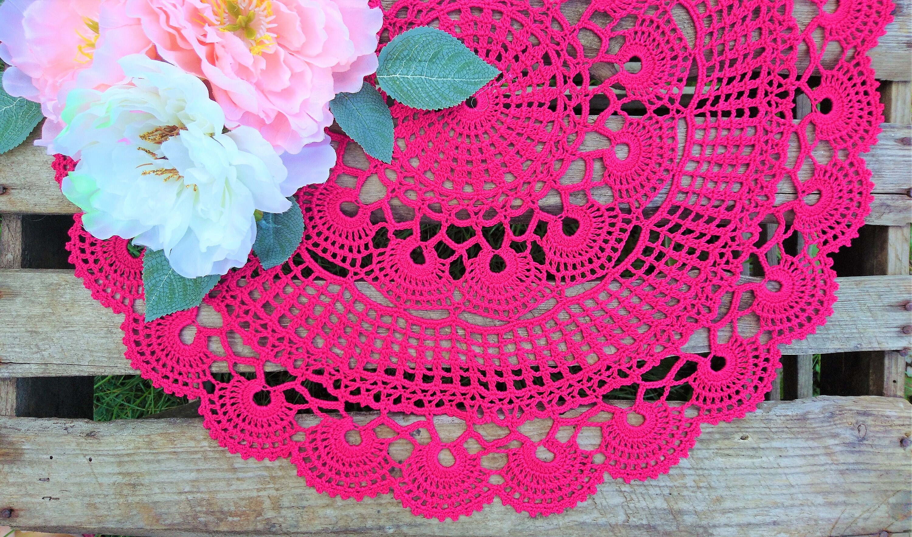 crocheted doily pink Round lace READY TO SHIP centerpiece decor 15 inches