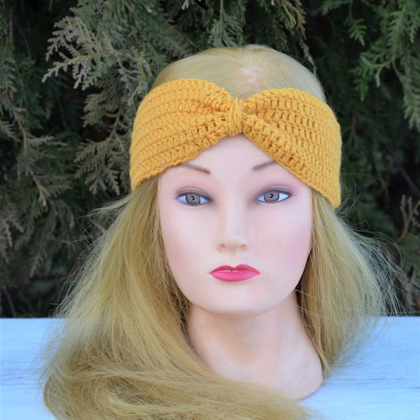 Women knotted turban, woolen headband, ear warmer, wool headband, hand knitted turban, warm winter turban, mustard headband, wool headscarf