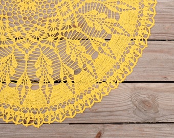 Large yellow crochet doily 19". Fall table decor. Linen crochet doily. Handmade lace doily. Round doily table centerpiece. Gift for mom.