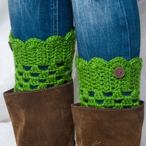 Green boot cuffs with buttons/ green boot toppers/ crochet leg warmers/ tall boot socks women teen girls ready to ship gift idea