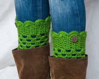 Green boot cuffs with buttons/ green boot toppers/ crochet leg warmers/ tall boot socks women teen girls ready to ship gift idea