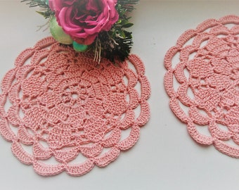 Set of 2 pink coasters, crochet drink coasters, coffee coasters, Easter table coasters, cotton coasters, crochet small doilies, mom gift