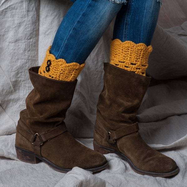 Mustard yellow boot cuffs with buttons/ boot toppers crochet/ leg warmers/ tall boot socks women teen girls accessories gift idea