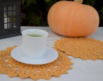 Mustard lace doily, fall table decor, mustard cotton doilies, crochet table decor, round doilies, Halloween table decor, tea coffee coasters