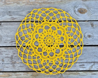 Yellow Crocheted Doily, 9" Round Lace Farmhouse Centerpiece