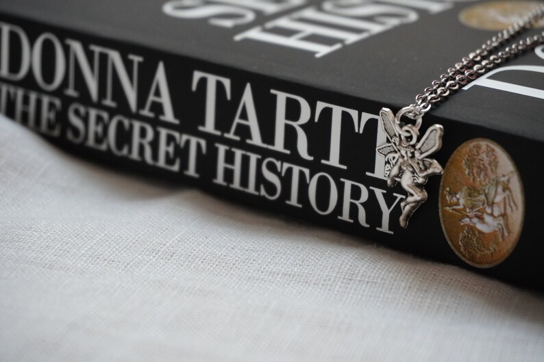 Peut inclure: Un livre noir avec le titre "DONNA TARTT THE SECRET HISTORY" sur la couverture. Un charme de f&eacute;e argent&eacute; pend &agrave; une cha&icirc;ne argent&eacute;e sur le livre.