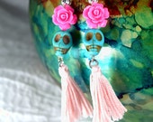 Dia De Los Muertos Pink Rose Earrings Day of the Dead Turquoise Skull Fiesta Cultura Mexico