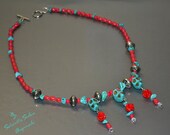 DIA De LOS MUERTOS Day Of The Dead Themed Turquoise Skull Red Coral Necklace Mexico Sugar Skulls Calaveras Calacas Mexican Latin Culture